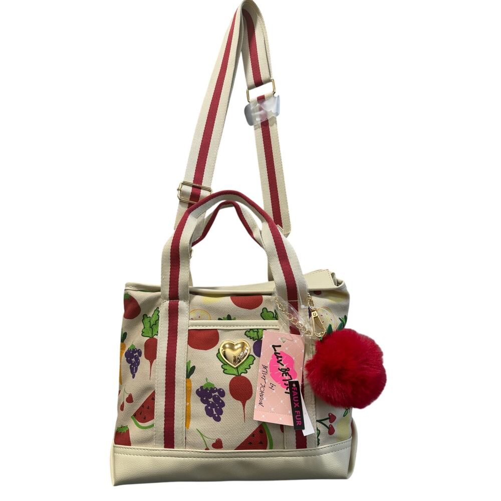 🆕Luv Betsey by Betsey Johnson Fruit Print Satchel Purse NWT Pom‑Pom Charm